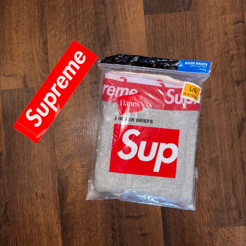 Supreme Hanes Boxer Briefs 2 Pack Heather Grey White Large L New 36-38 Waist